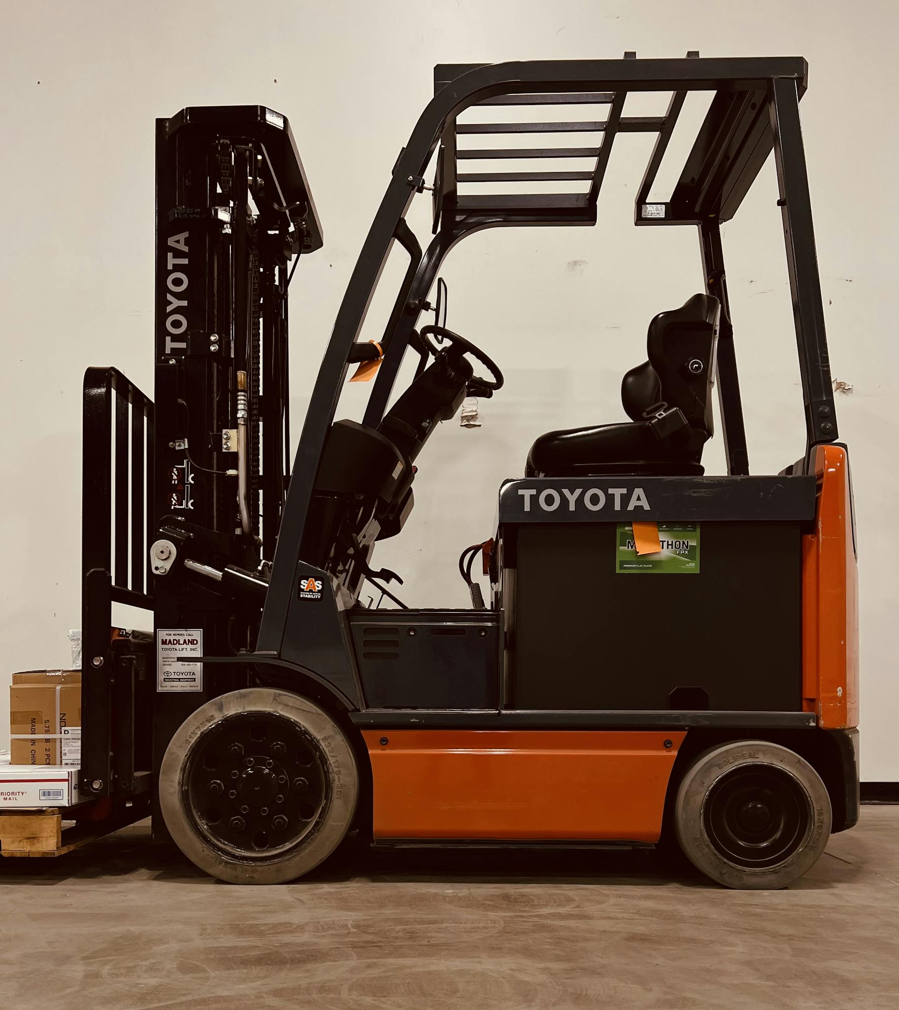 Side view of a Toyota forklift in a warehouse in Camarillo, CA.